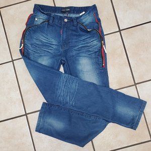 Red Zipper Accent Distressed Fade Blue Stretchy Denim Skinny Jeans